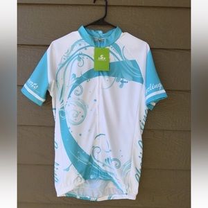 NWT! Cheji cycling jersey life T-shirt, white and blue, Size M, US?
